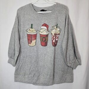 Holiday‎ Coffee Cup Sweatshirt Gray Christmas Latte Graphic Cozy Oversized L